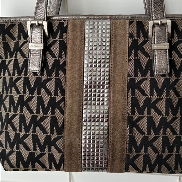 Michael Kors Bedford Shoulder Bag Tote Leather Suede Canvas Black Brown - Picture 4 of 10